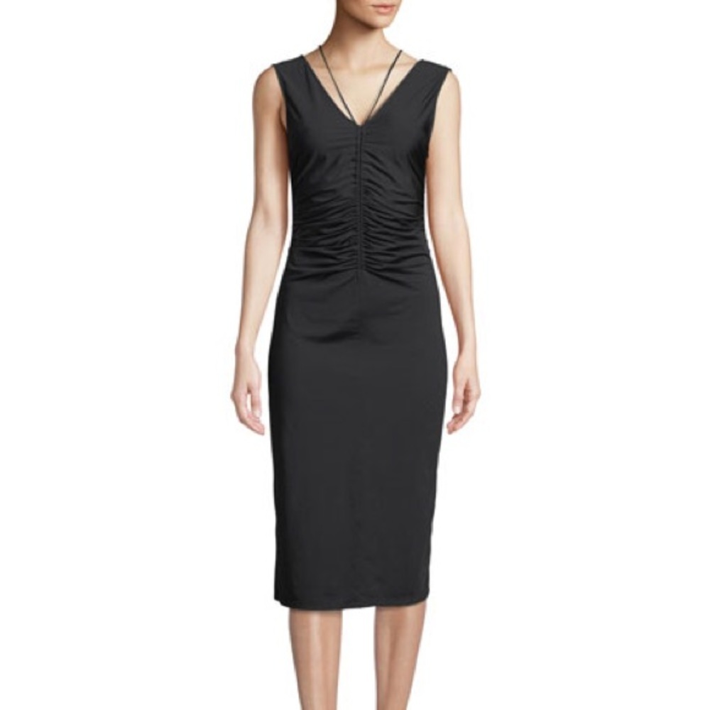 Theory ruched black string midi dress size medium - Picture 3 of 6